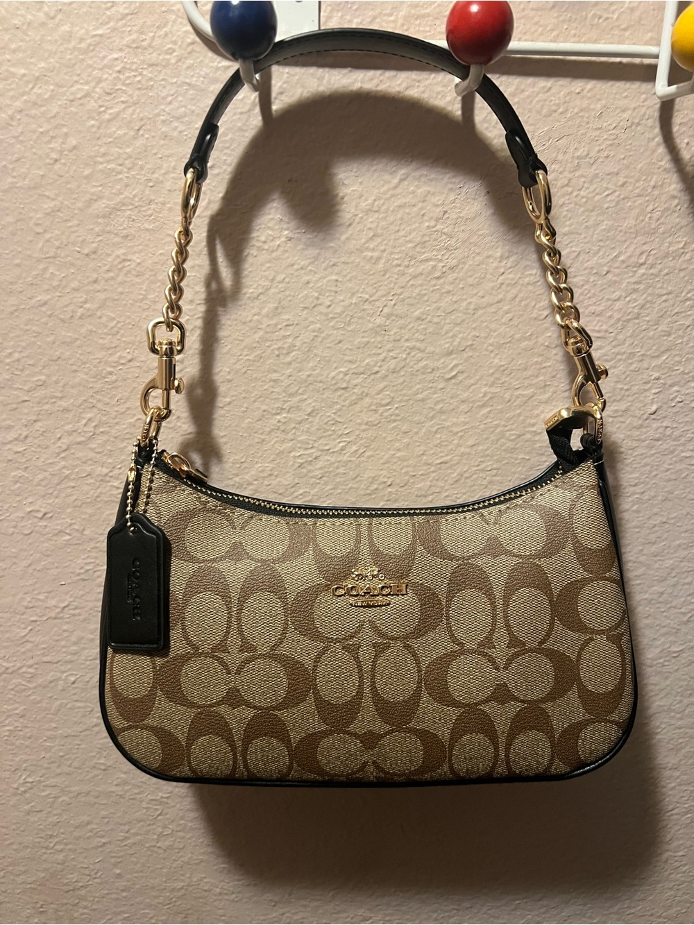 Coach Small Signature Canvas Shoulder Bag in Khaki and Black